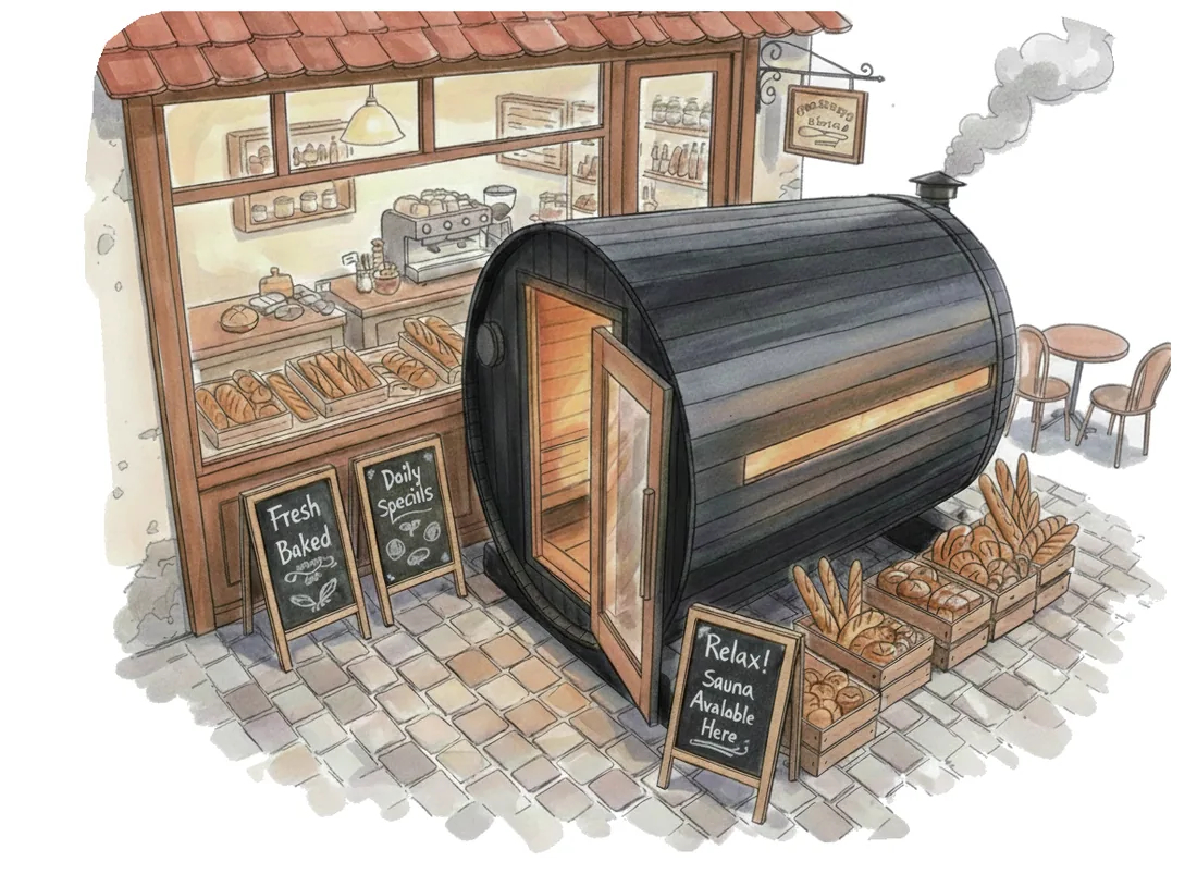 店先に置かれた薪ストーブ式バレルサウナのイラスト